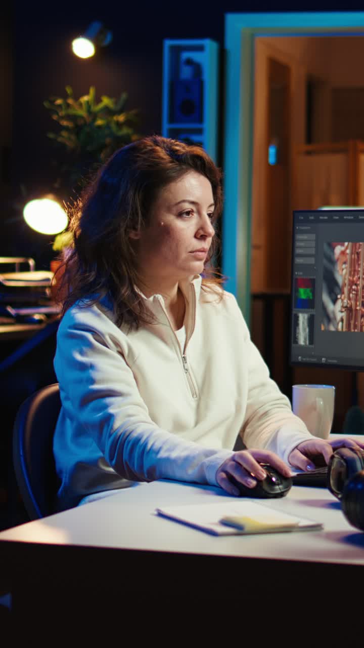 Video verticale. Donna allegra che usa il mouse per modificare il filmato di un progetto video in ufficio