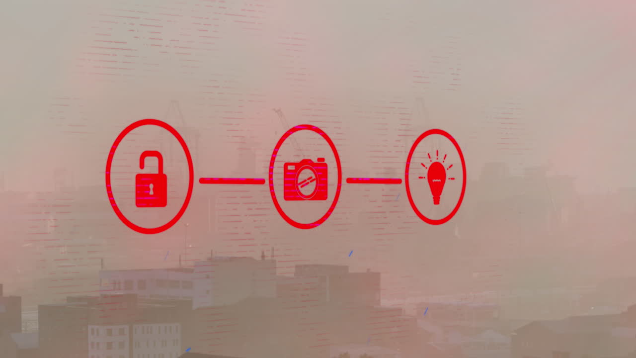 パッドロックライトボルブカメラアイコンのアニメーション都市内の建物の上にフローチャートを形成する