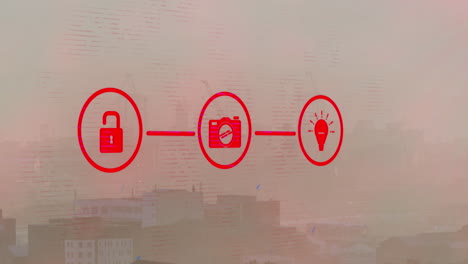animación de candado, bombilla, iconos de cámara que forman un diagrama de flujo sobre los edificios de la ciudad