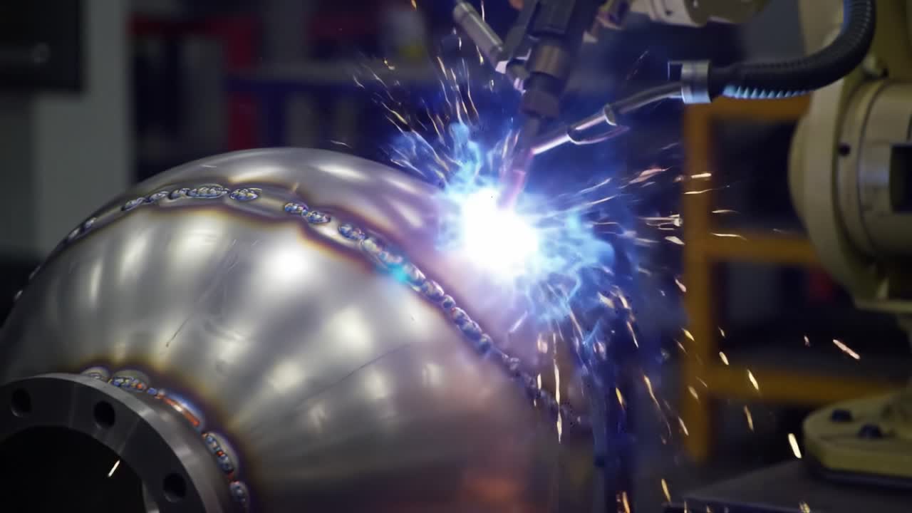 Automated Welding Process: High-Precision Robotic Arm Creates Seamless Joints on Metal Spheres with Intense Spark Display in Precision Manufacturing Environment