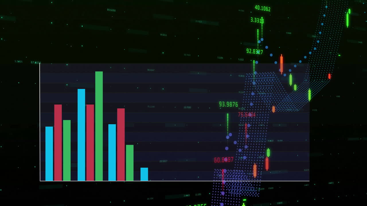 Bar and line charts with numerical data processing animation over dark background