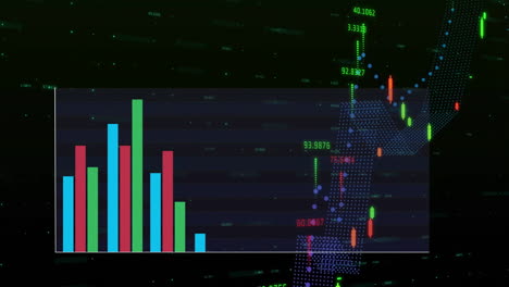 gráficos de barras y líneas con animación de procesamiento de datos numéricos sobre fondo oscuro
