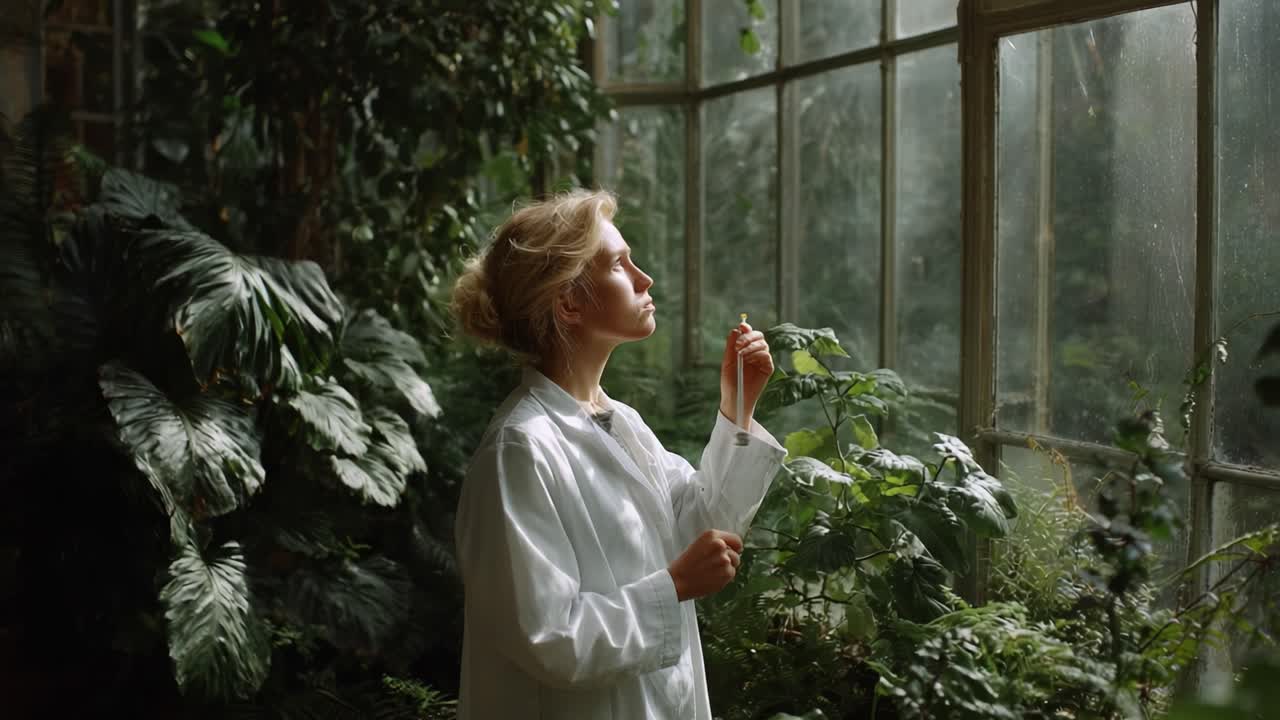 A thoughtful researcher in a white lab coat contemplates nature through a window in a lush botanical environment, blending science and tranquility amidst vibrant greenery