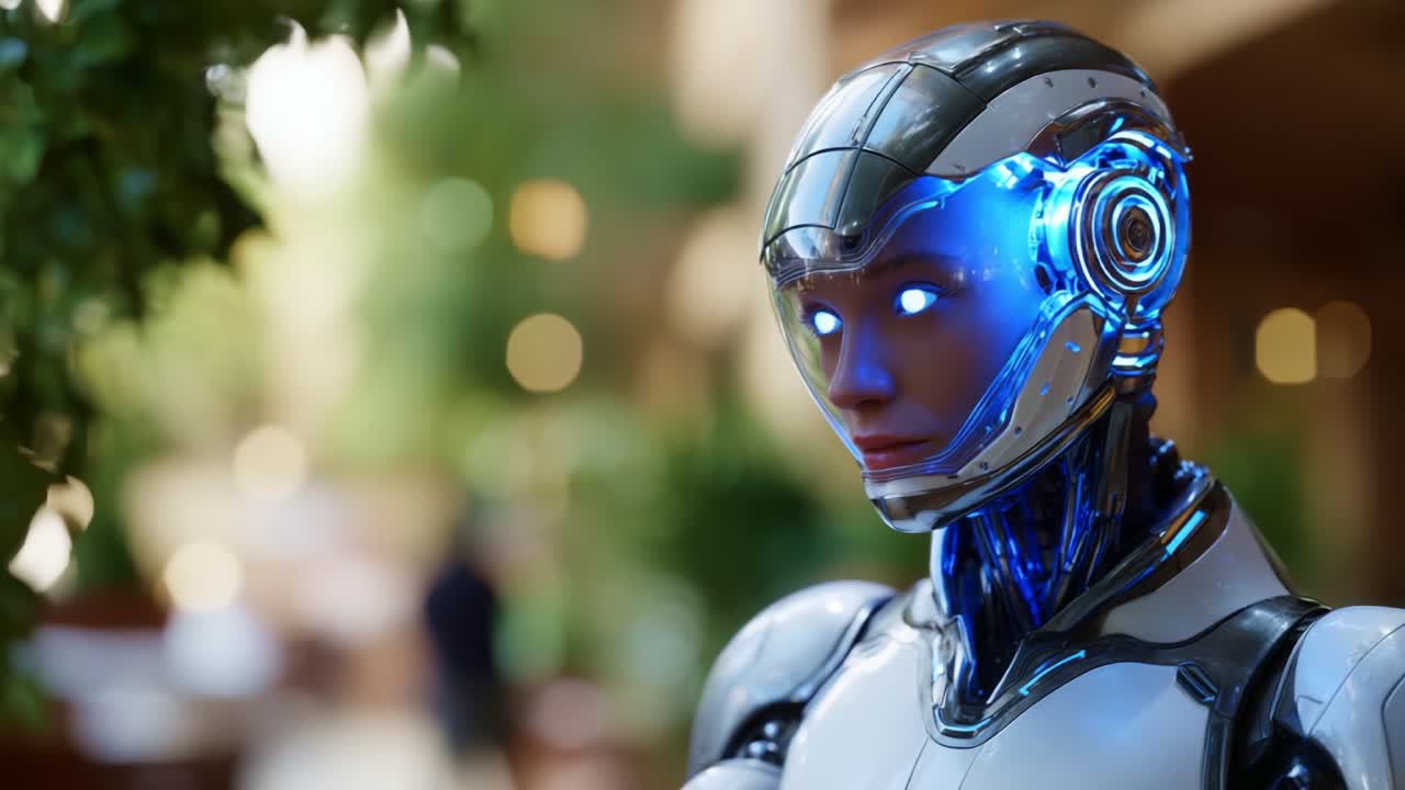 Un sofisticato compagno Android che si distingue per il design elegante, le funzionalità interattive e gli elementi luminosi in un ambiente moderno, che esemplifica la tecnologia futuristica e l'innovazione