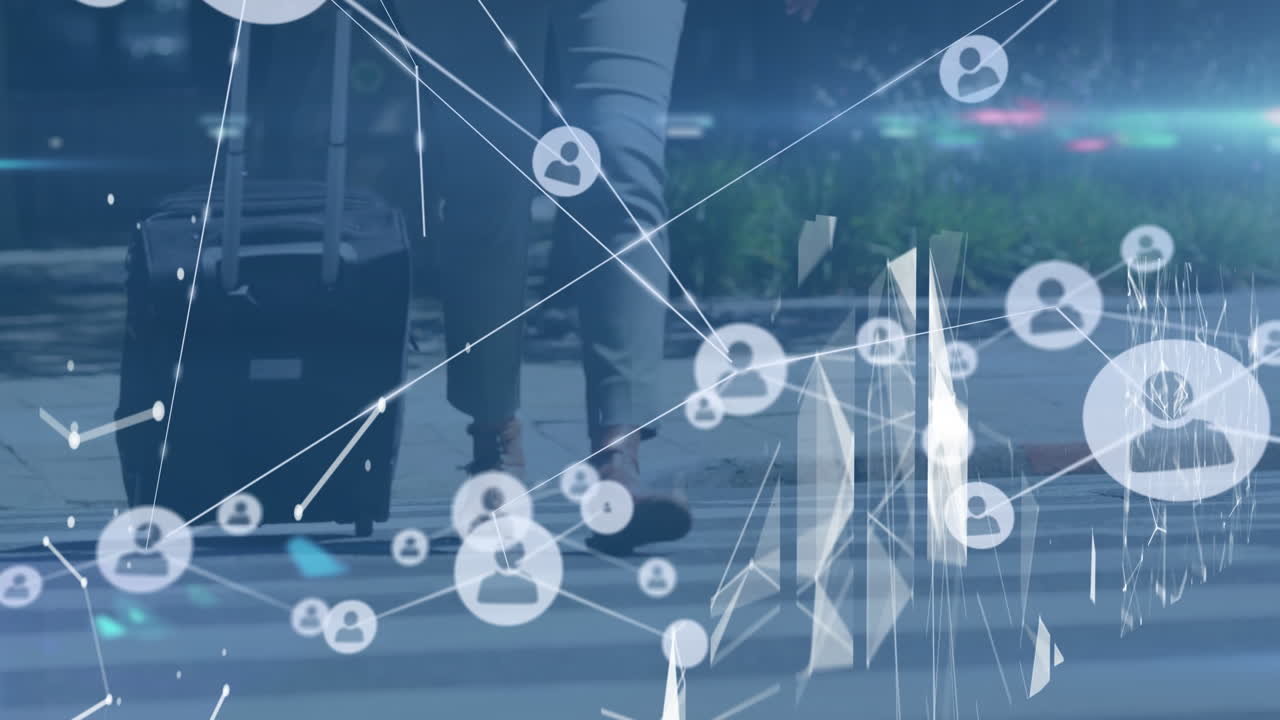 가방을 들고 있는 백인 여성 위 에 있는 아이콘 들 과 연결 된 네트워크 의 애니메이션