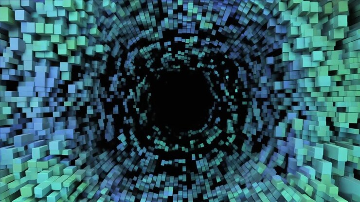 Abstract Tunnel of Moving Blue and Green Cubes