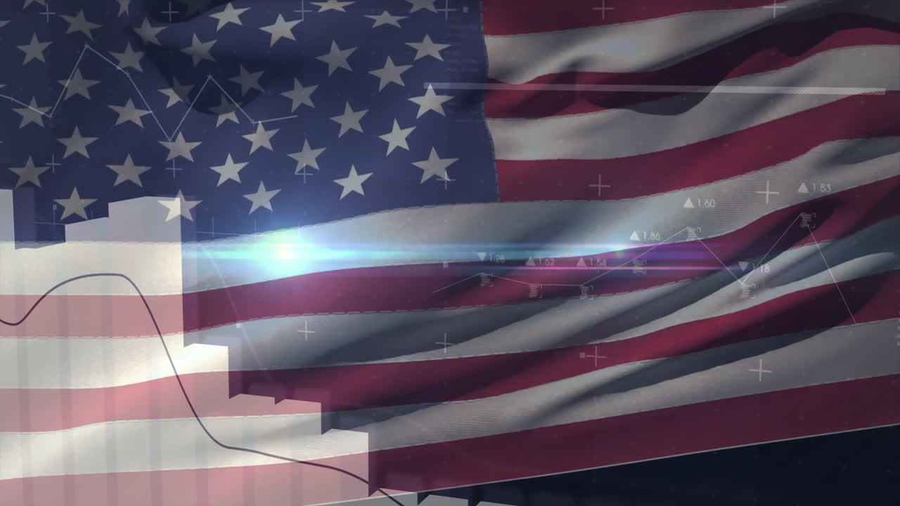 American flag waving with financial graphs and data overlay animation
