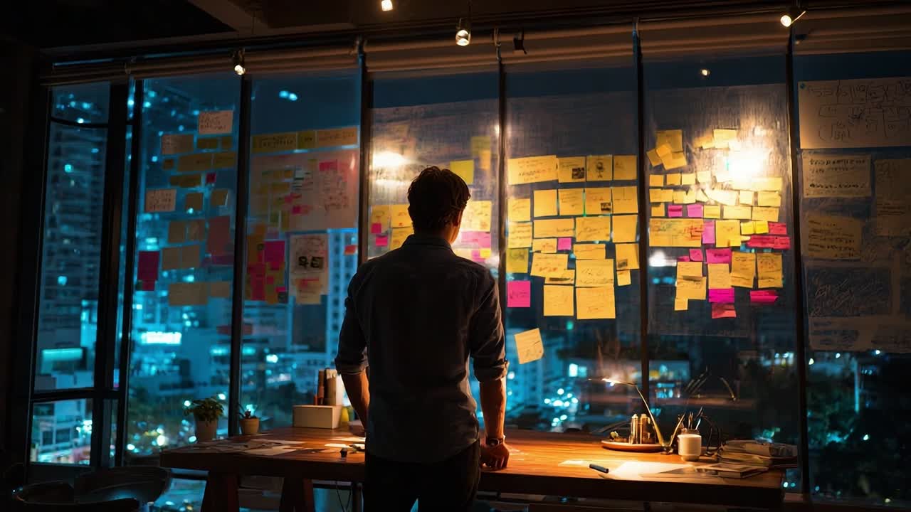 Sessione di brainstorming creativo di notte in una città frenetica.
