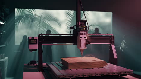 cnc machine carving wood with background projections