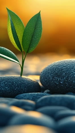 growth of a plant among smooth stones. a small green plant emerges from a cluster of smooth stones during sunrise, symbolizing resilience and renewal.
