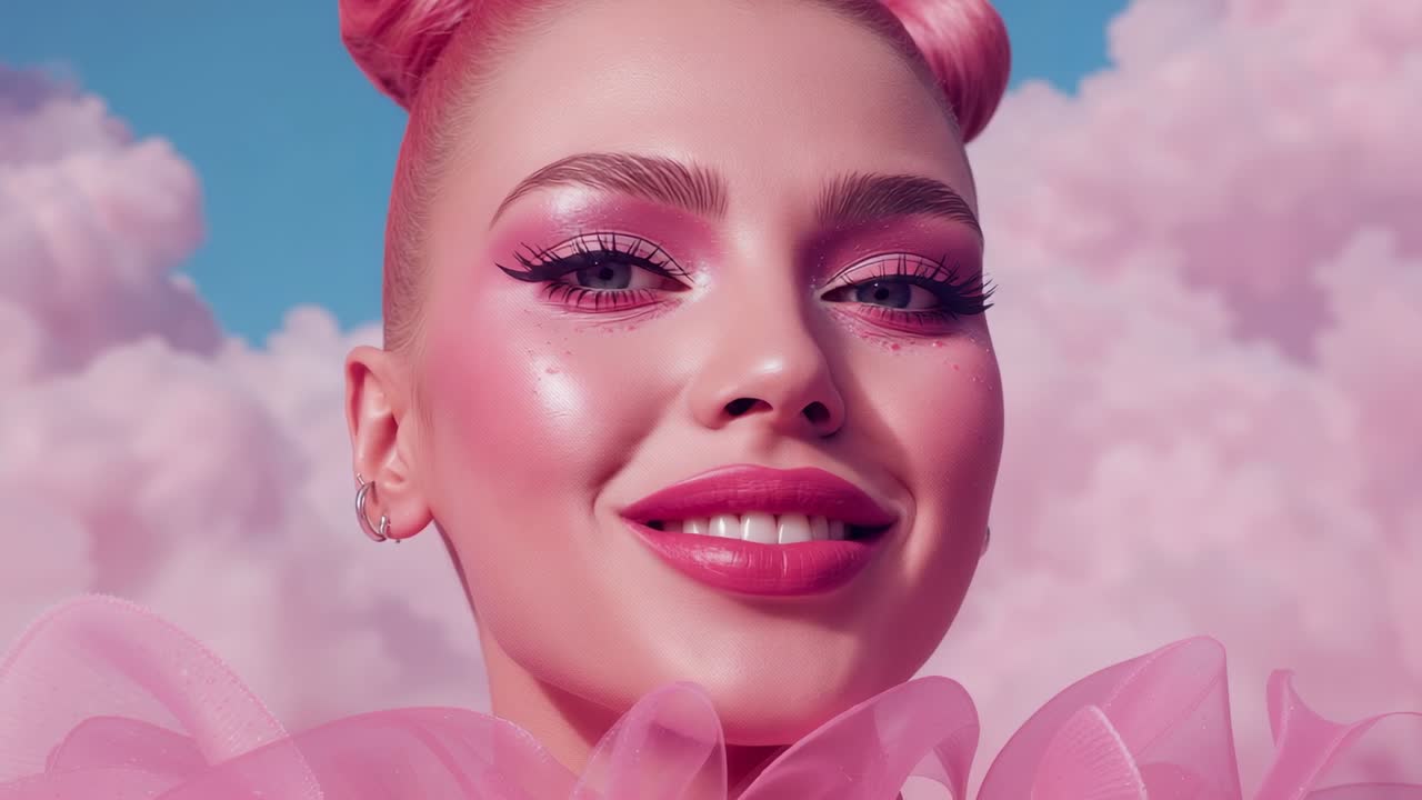 Close-up showing model gradually smiling against pink cloud sky, with ruffled organza and hoops