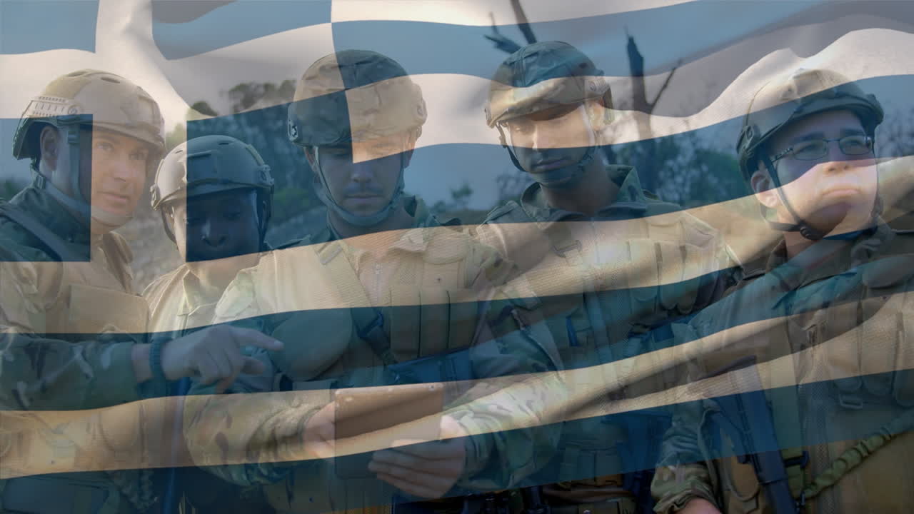 무기를 들고 있는 다양한 남성 군인 들 위 에 그리스 의  ⁇ 발 을 그린 애니메이션