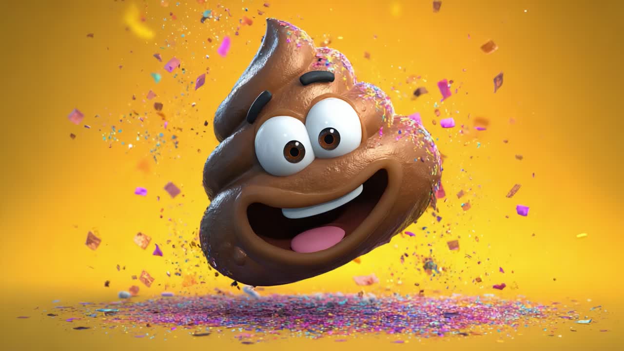 A whimsical and cheerful animated poop emoji character with a big smile, surrounded by colorful confetti against a bright yellow background, bringing joy and humor to any digital environment