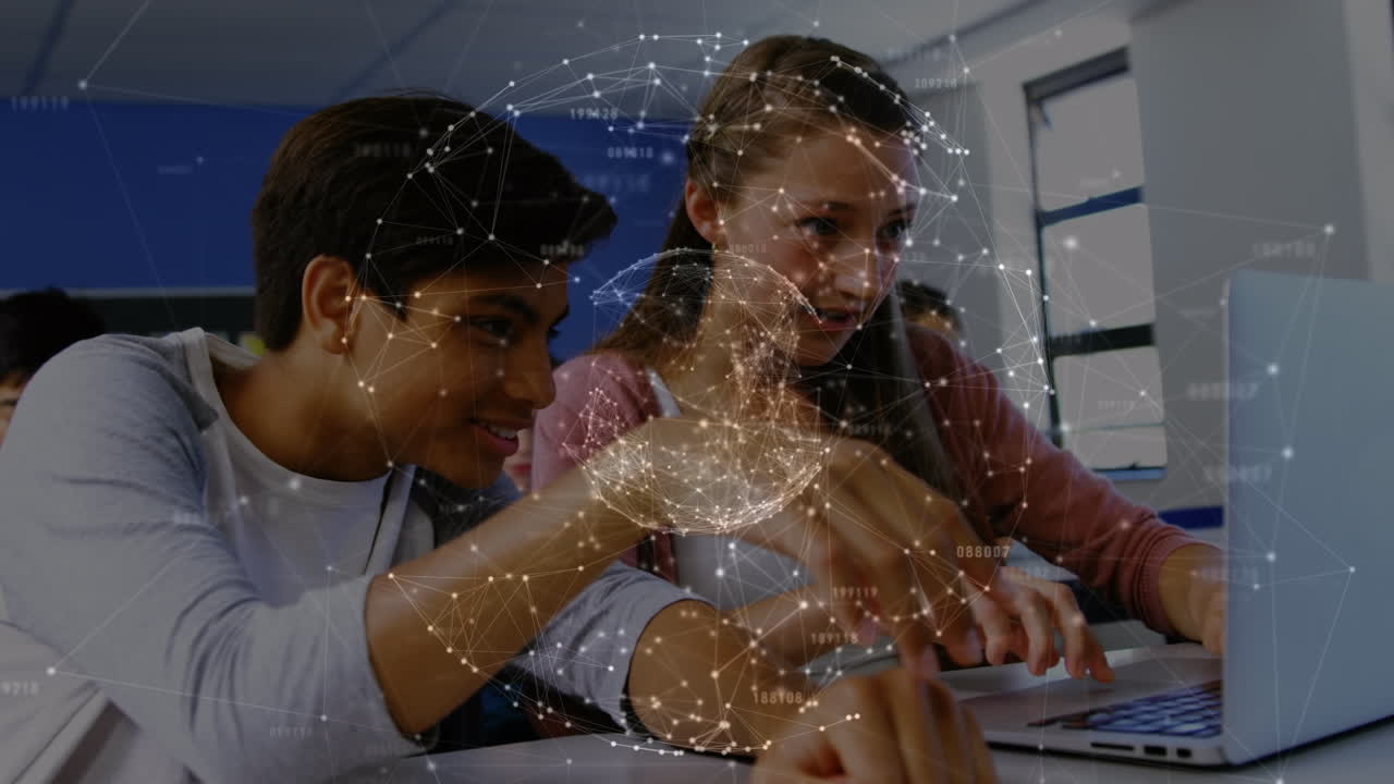 Animation of connections and globe over happy diverse students using technology at school