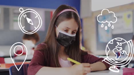 animación de iconos escolares sobre una colegiala caucásica con máscara facial en el aula