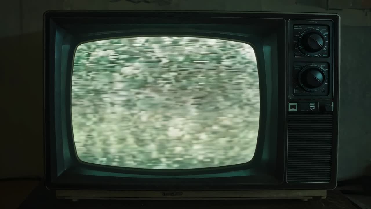 Televisione CRT con manopole rotative su mobile in una stanza poco illuminata, con effetto statico che cambia dopo l'accensione