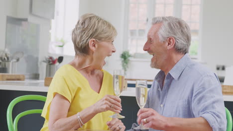 retired senior couple making a toast to camera celebrating with glass of champagne at home together