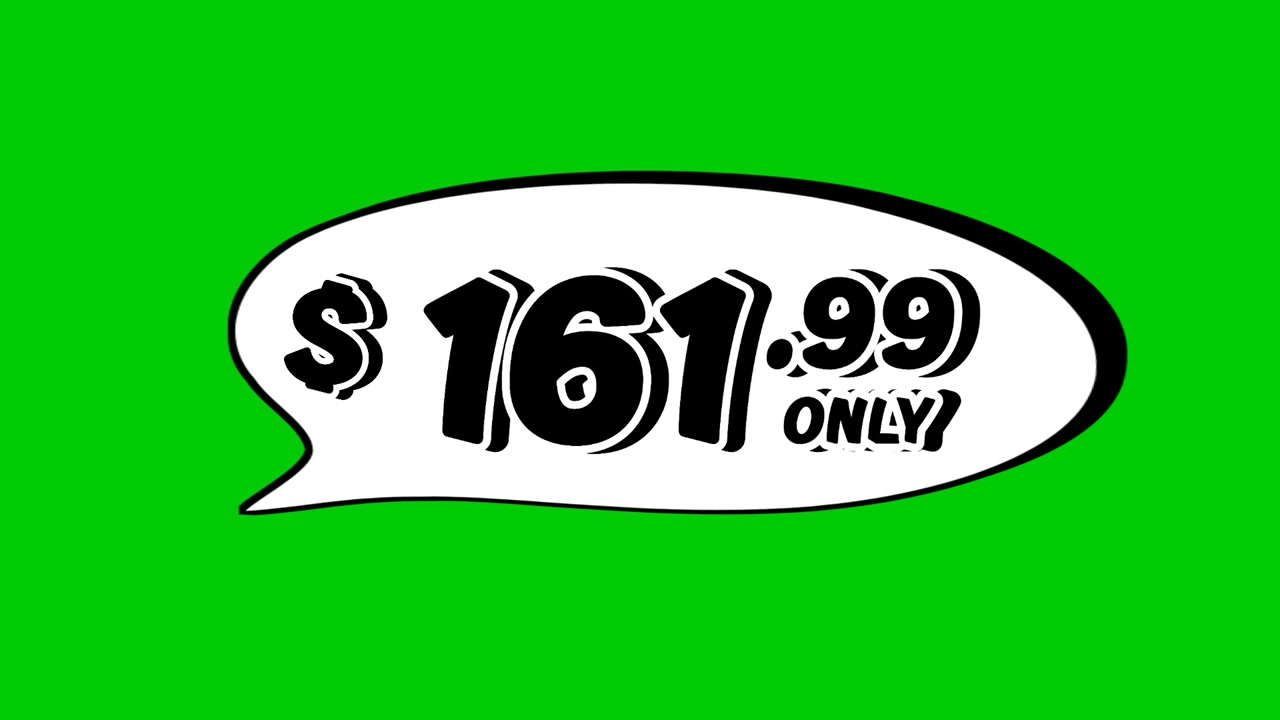 Grafica in movimento con animazione a fumetto con etichetta del prezzo di 161,99 dollari su sfondo verde. Perfetta per annunci pubblicitari, e-commerce, vendita al dettaglio, sconti e video di promozione commerciale