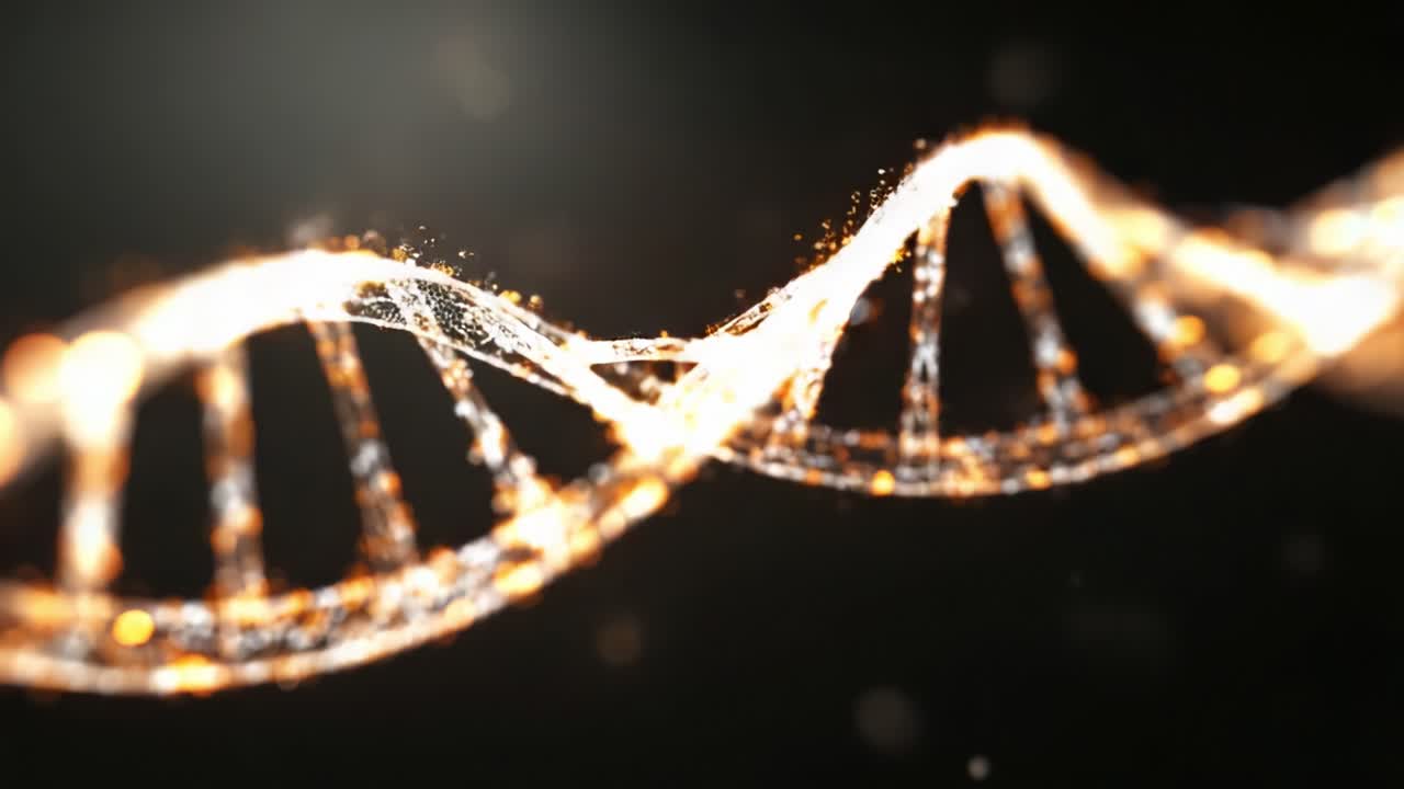 A Stunning Visualization of DNA Helix, Highlighting the Elegant Structure and Intricacies of Genetic Material with a Sparkling and Dynamic Appearance in a Dark Setting