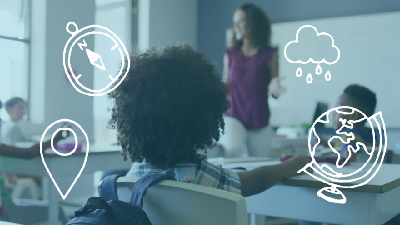 animación de iconos de geografía sobre diversas maestras hablando con los alumnos escuchando en los escritorios