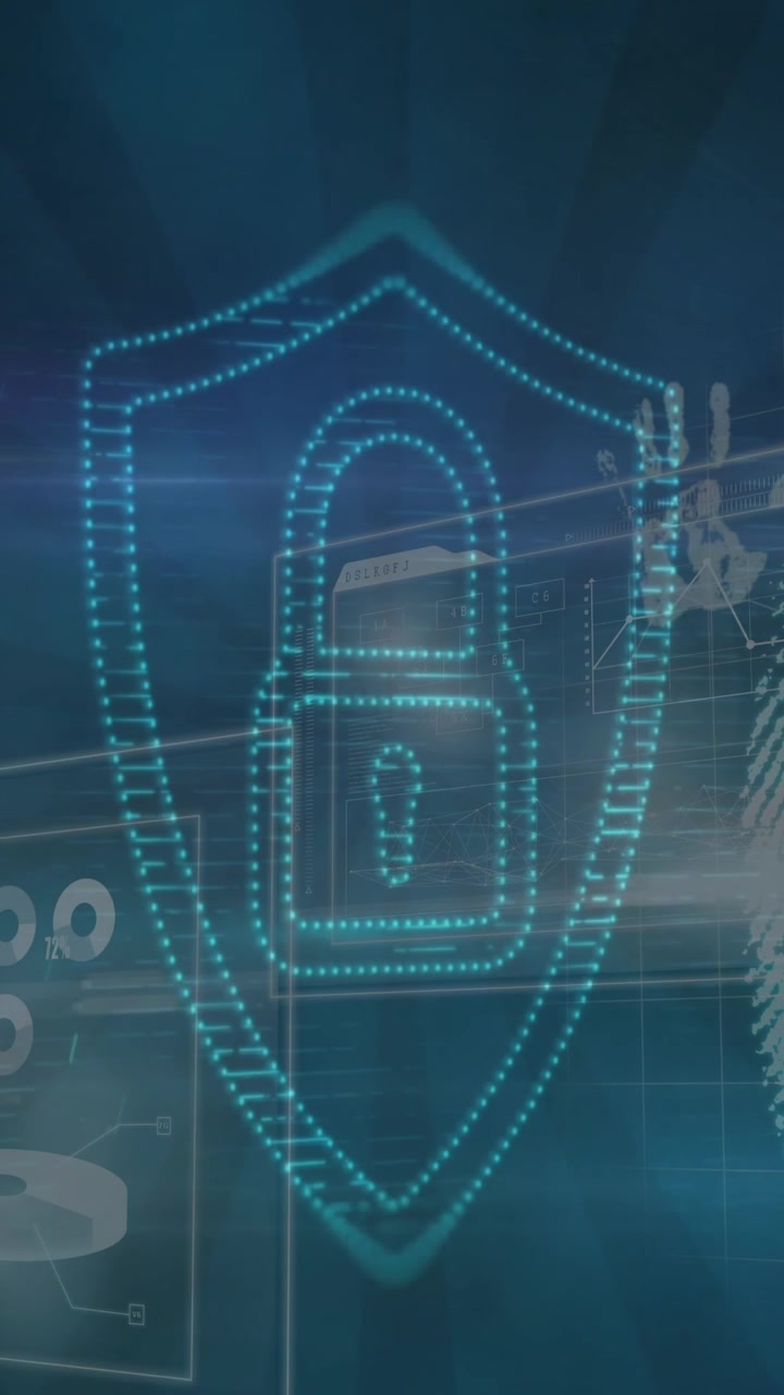 Animazione di impronta digitale biometrica, lucchetto ed elaborazione dati su schermi.