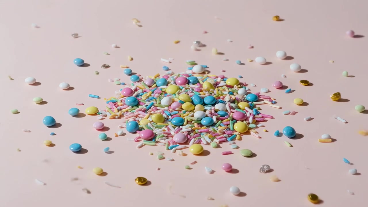 Bottoni pastello, zuccherini e paillettes che esplodono dall'alto e atterrano su un tavolo rosa pallido, formando un mucchio.