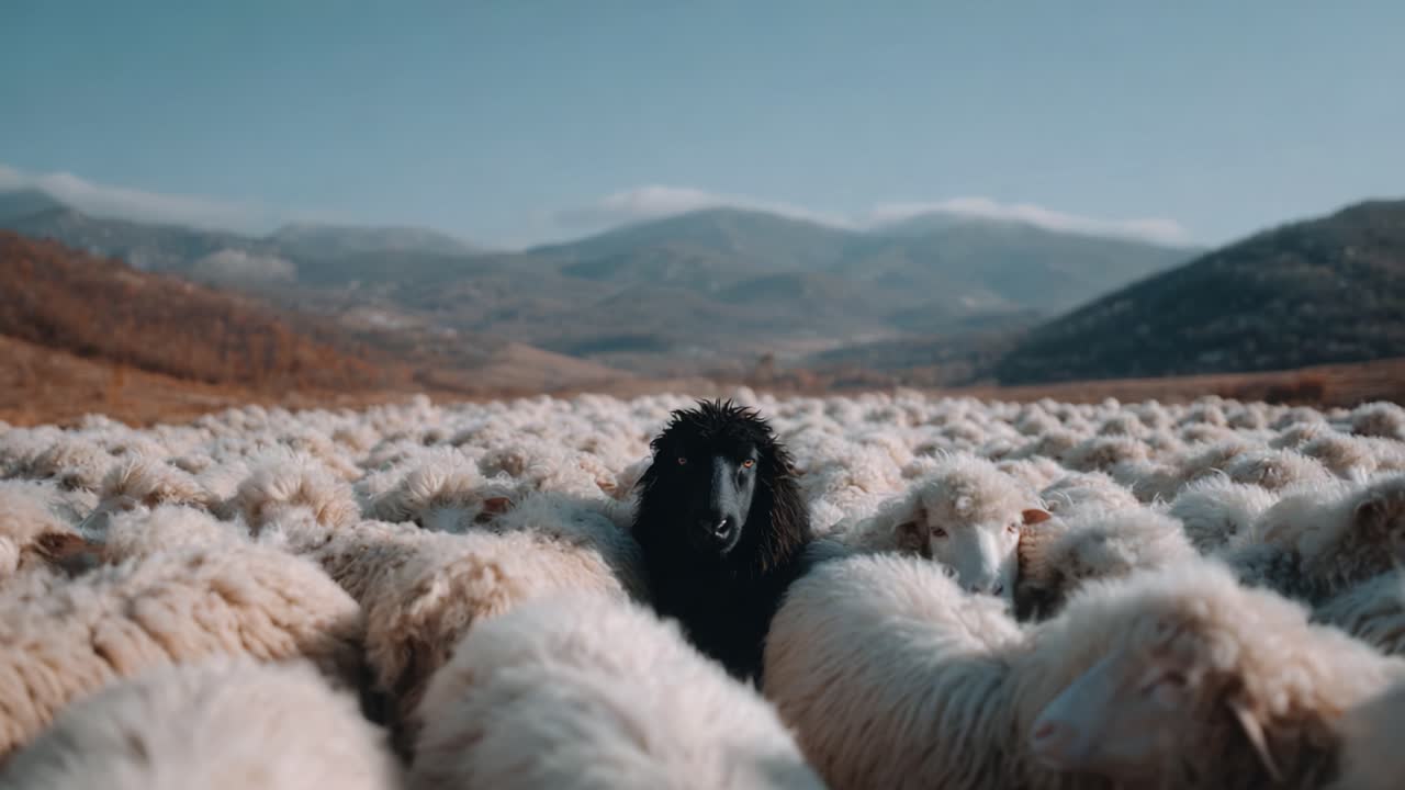 A solitary black dog stands out amidst a vast flock of white sheep on rolling hills, showcasing the bond between herding animals and their flock in a tranquil rural landscape