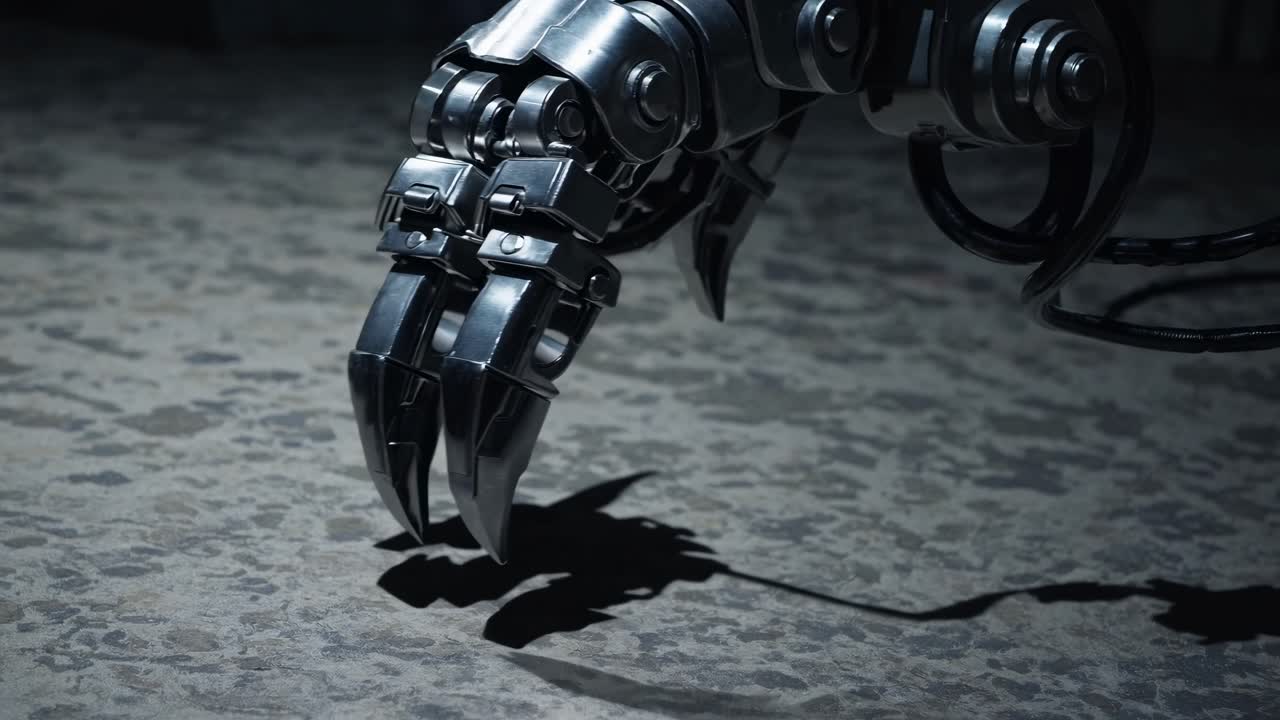 Metallic Robotic Claw Moving and Tapping on Concrete