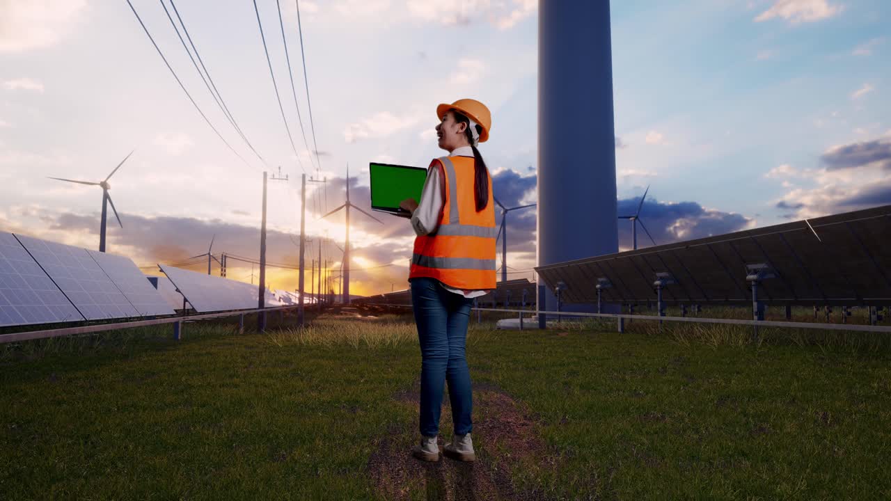 Full Body Back View Of Asian Female Engineer With Safety Helmet Working A Green Screen Laptop With Solar Panel and Wind Turbines