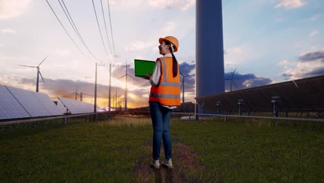 full body back view of asian female engineer with safety helmet working a green screen laptop with solar panel and wind turbines