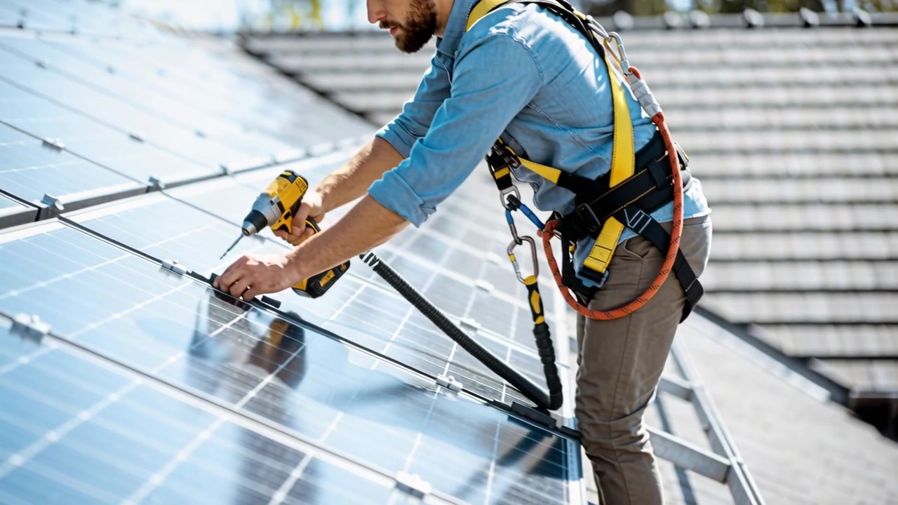 Installing harnessed solar tech fastening clamps on roof aligning panels using drill, copy space