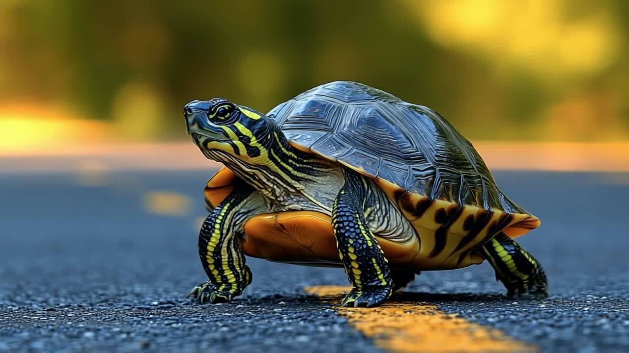 Turtle crossing a road on a sunny day. A turtle is slowly making its way across a road as sunlight illuminates the surroundings.