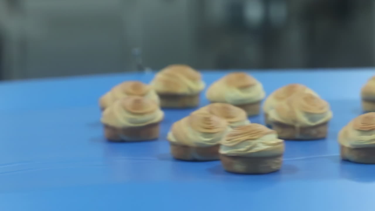 cierre de la fábrica de pasteles alimenticios en una línea de ensamblaje, galletas automatizadas en una líneade producción de cinta transportadora en una fábrica, listas para embalaje y distribución