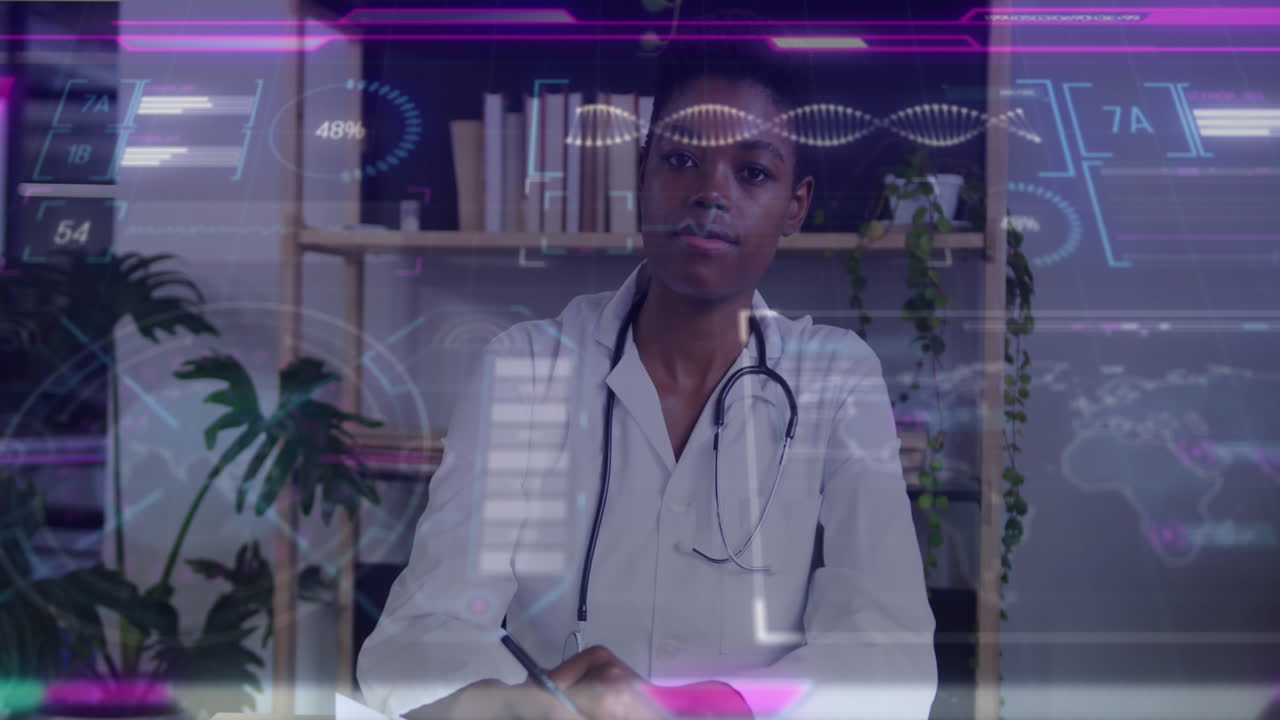 Animazione di elaborazione di dati su una dottoressa afroamericana