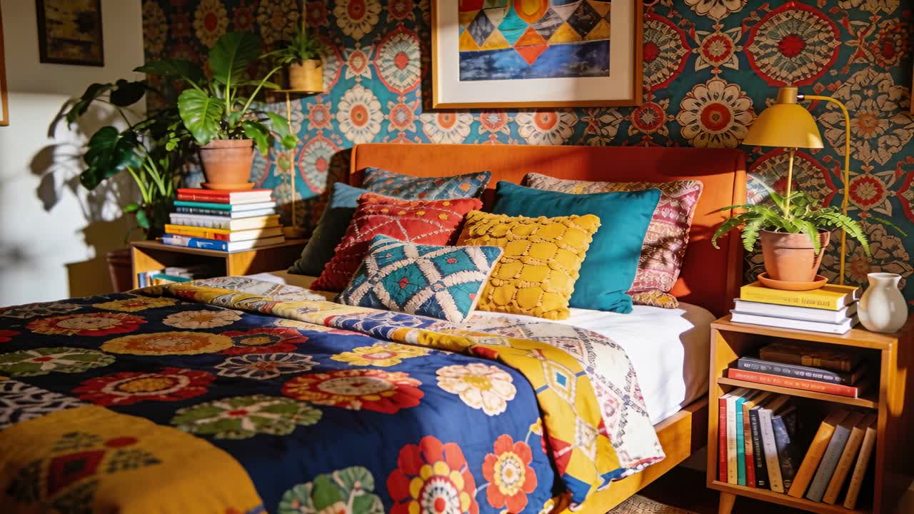 Starting camera moving right closer in bedroom, showing bed quilt pillows nightstand lamp for decor