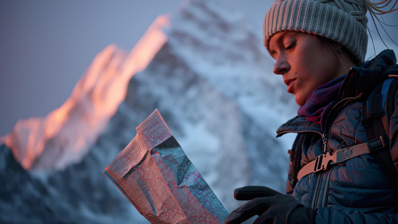 Nærbilledeoptagelse af en kvindelig vandrer i varmt tøj, der studerer et papirkort ved solopgang i sneklædte alpebjerge, planlægger rute og navigation på en kold vintervandring.