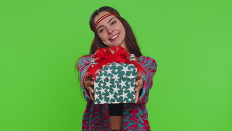 woman girl presenting birthday gift box offer wrapped present career bonus celebrating party sale