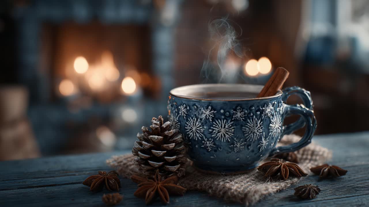 A Cozy Winter Scene Featuring a Decorative Cup of Hot Beverage, Cinnamon Stick, Pine Cones, and Star Anise with a Warm Fireplace in the Background
