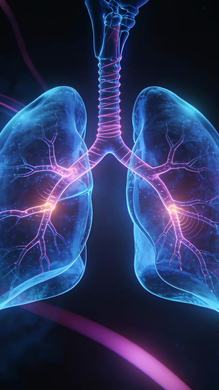 Video verticale: Polmoni e trachea in movimento che pulsano su sfondo scuro, simulando il respiro con hotspot.