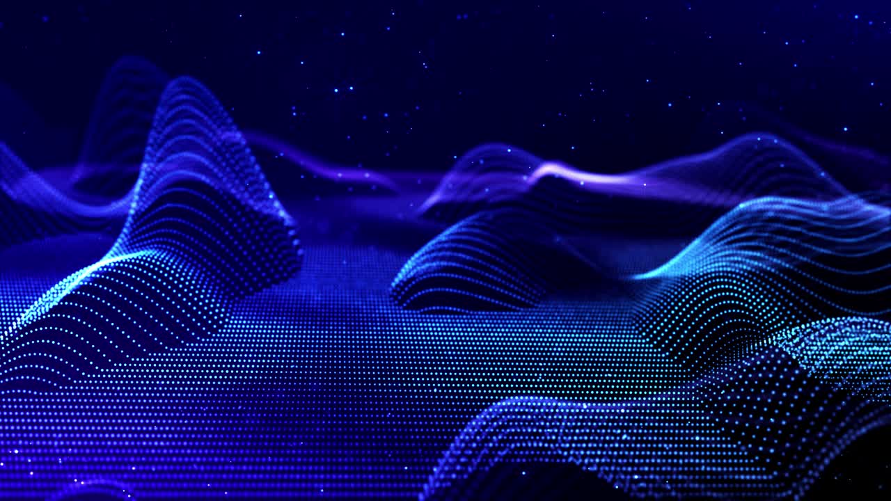 4k looped sci-fi particle background with bokeh and light effects. Glow blue particles form lines, surfaces, complex structures in smooth motion like in microworld or space. Holographic landscape 2