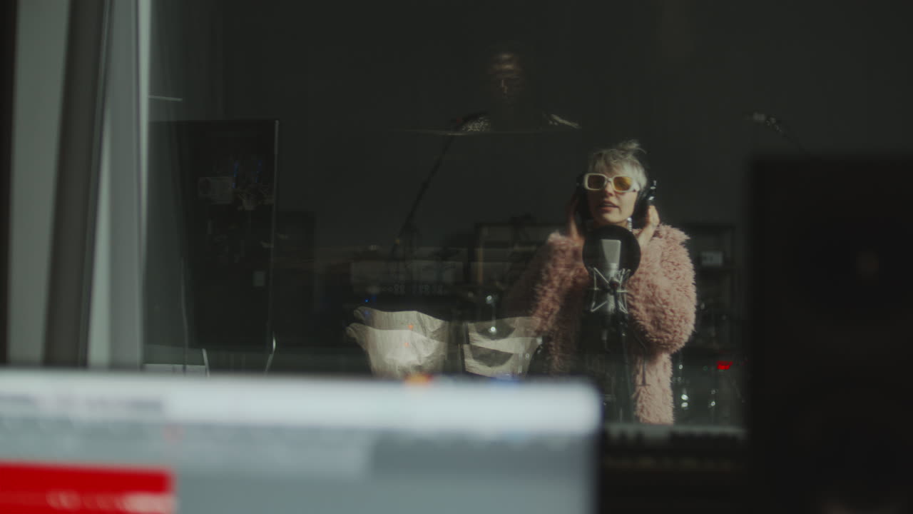 Female Singer Recording Vocals in Professional Music Studio Booth