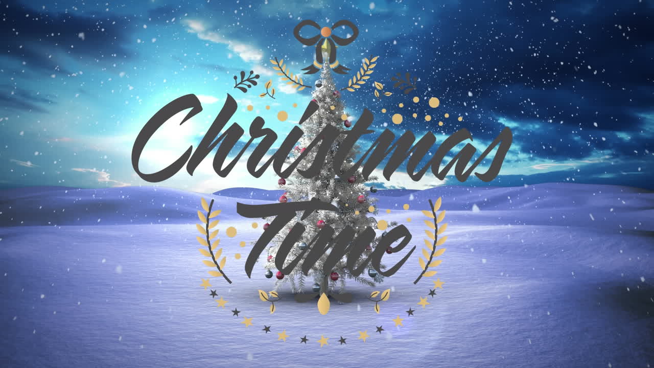 크리스마스 트리 위의 크리스마스 시간 텍스트의 애니메이션