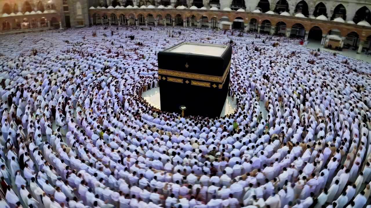 Aerial view of a large crowd encircling a central structure, showcasing unity and devotion