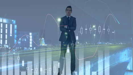 animación de datos financieros sobre el empresario caucásico y el tráfico por carretera