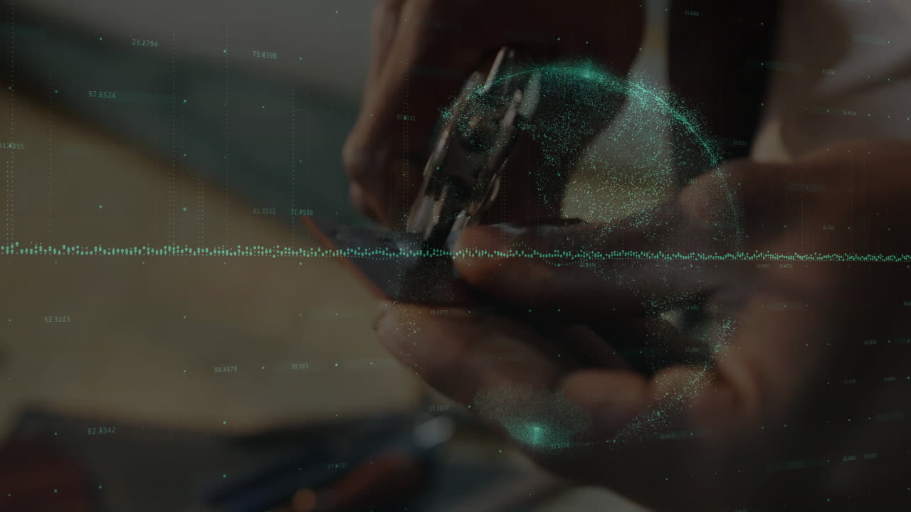 Craftsman guiding leather through sewing press in workshop showing augmented reality data overlay