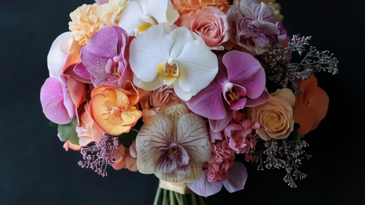 Wedding bouquet spinning slowly, featuring soft colored roses, orchids, carnations against shadowy backdrop, revealing intricate textures and delicate layering of luxurious blooms