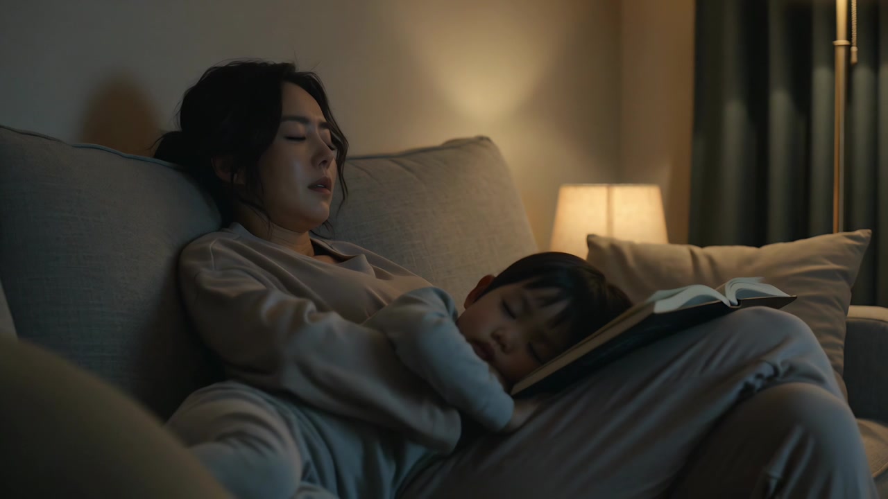 夜、ソファで本を読んでいた母親が、眠る男の子をなだめながら目を閉じている。傍らには開かれた本とランプ。