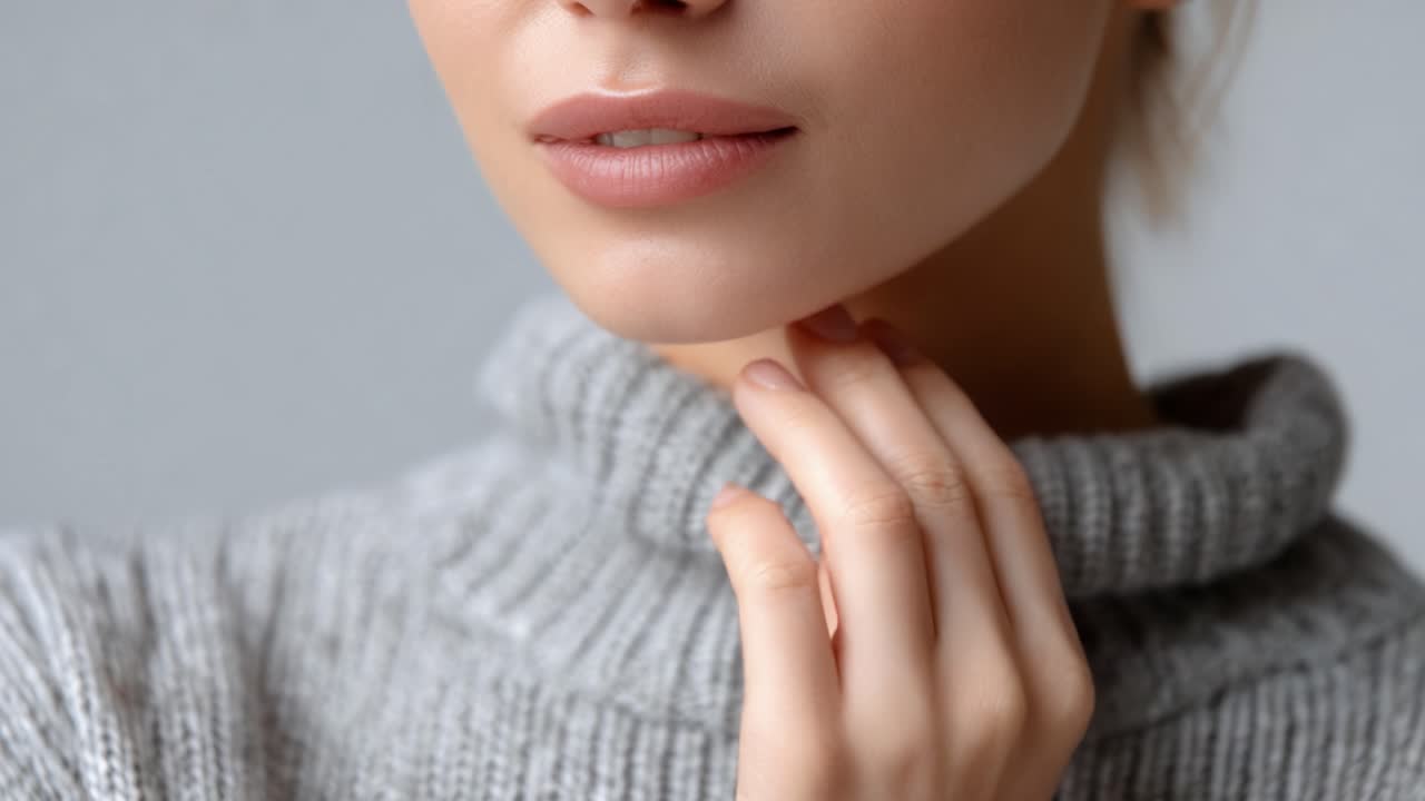 A Captivating Close-Up of a Person's Thoughtful Expression, Showcasing Soft Skin and Elegance in a Cozy Sweater, Emphasizing Beauty and Poise in Natural Light