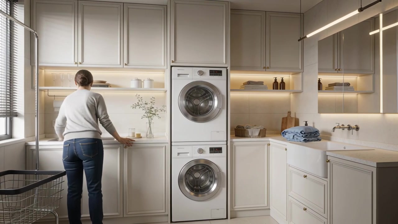 Entering woman at home in sweater carrying laundry placing on counter opening washer loading