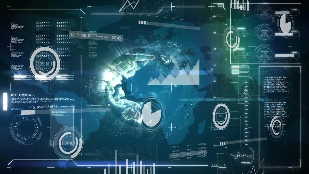 Animation of digital interface showing global data and analytics on world map